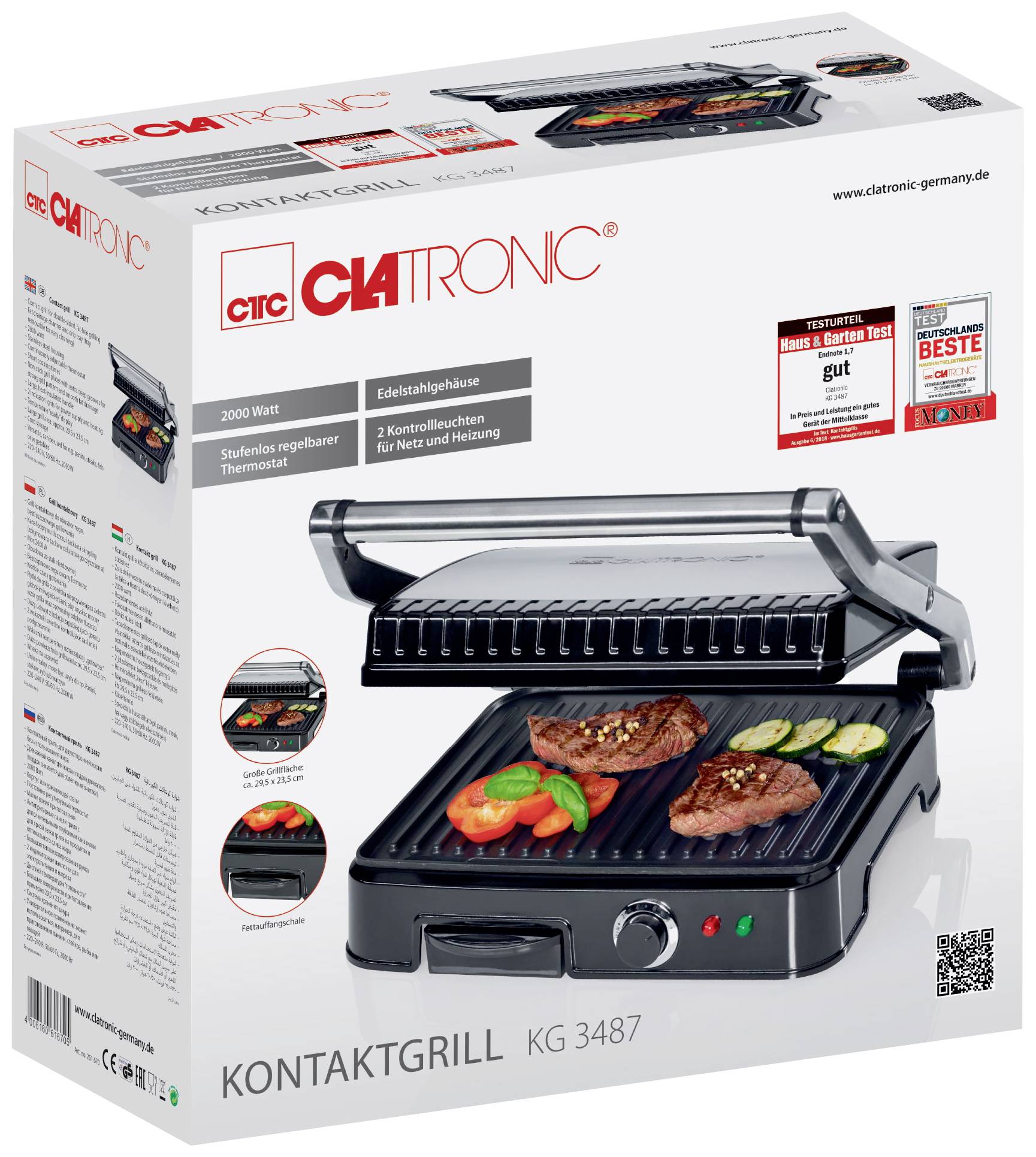Verpackung eines Clatronic Kontaktgrills KG 3487 zeigt Gerät mit gegrilltem Fleisch und Gemüse, Leistungsdetails und Auszeichnungen.