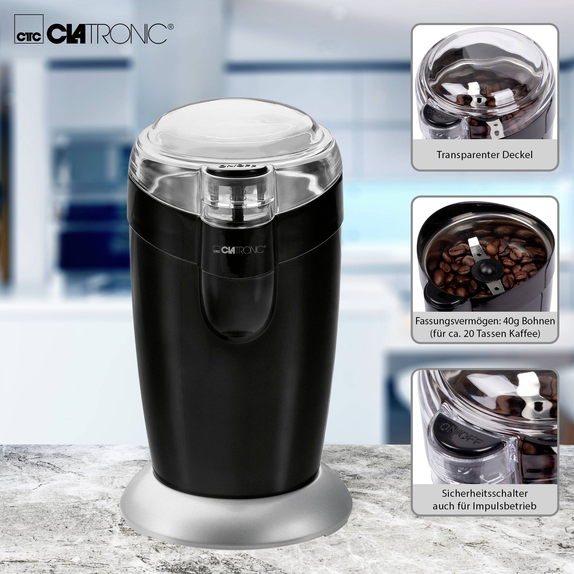 Clatronic KSW 3306 283032 Kaffeemühle Schwarz Edelstahl-Schlagmesser