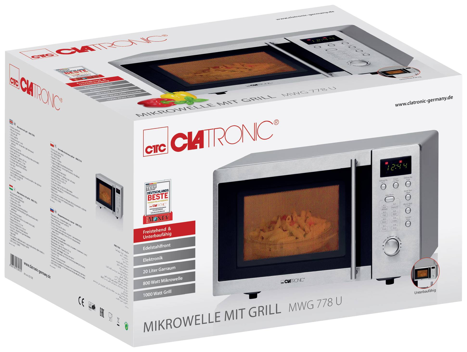 Verpackung einer Clatronic Mikrowelle MWG 778 U mit Grillfunktion, 20 Liter Garraum, 1000 Watt Grill. Bild zeigt Mikrowelle mit digitalem Display.