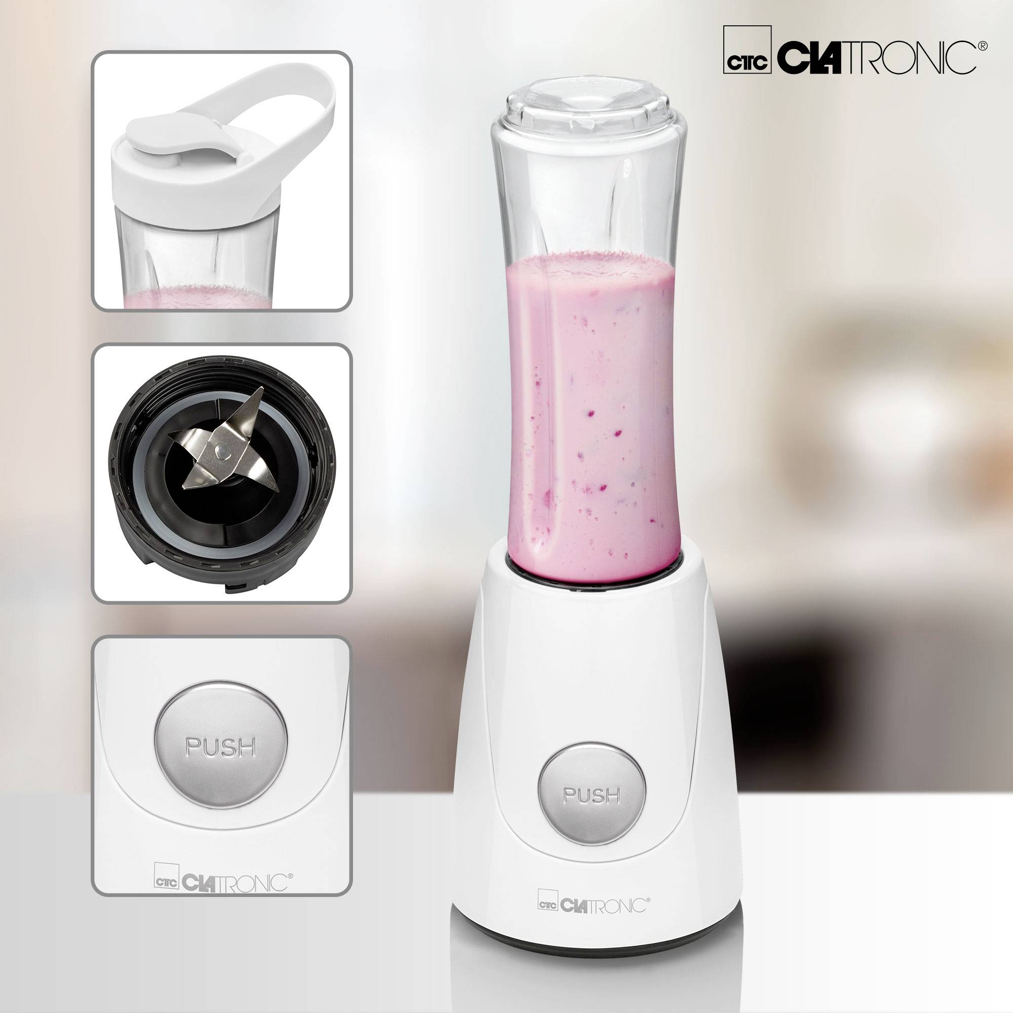 Ein weißer Mixbecher mit rosa Smoothie in Mixer. Oben links: Tragegriff des Bechers. Links Mitte: Klinge. Unten links: 'PUSH' Knopf.