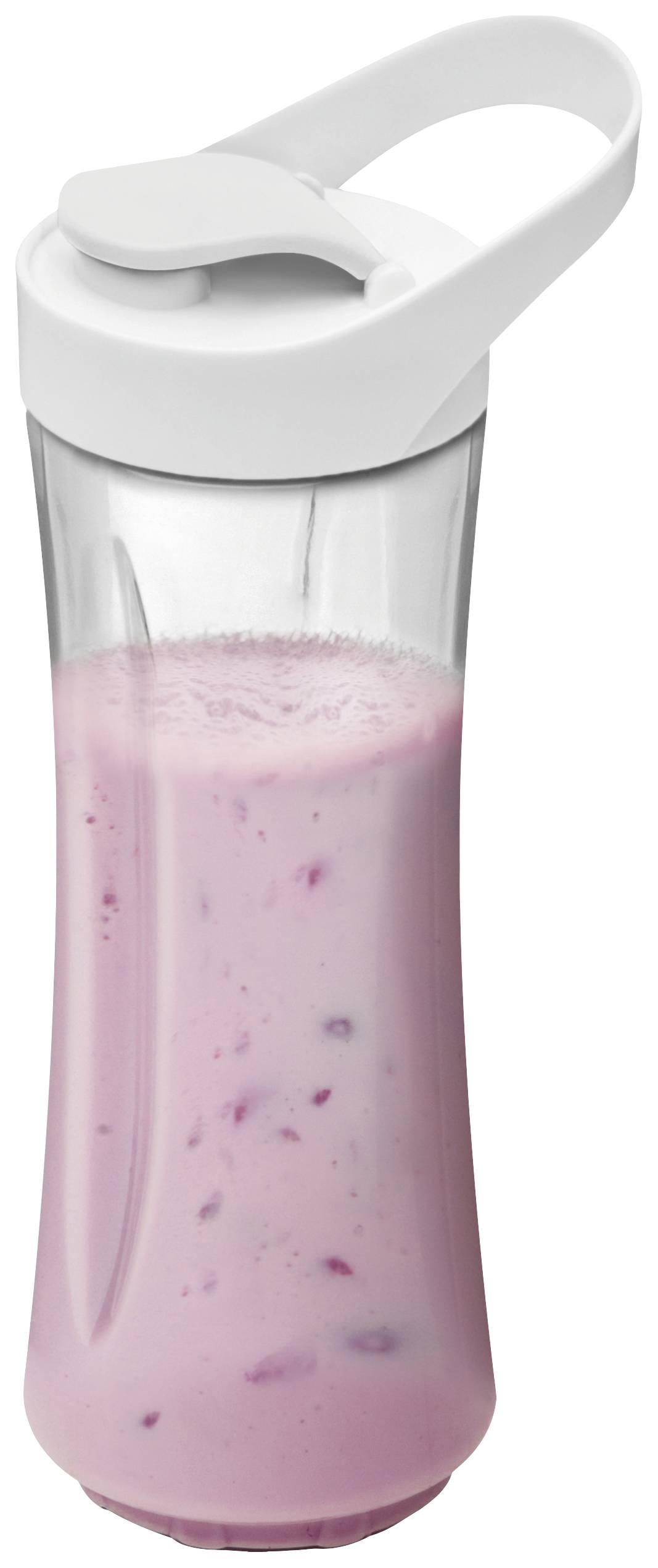 Klare Trinkflasche mit weißem Deckel, gefüllt mit rosa Smoothie, der Himbeeren oder ähnliche Früchte enthält.