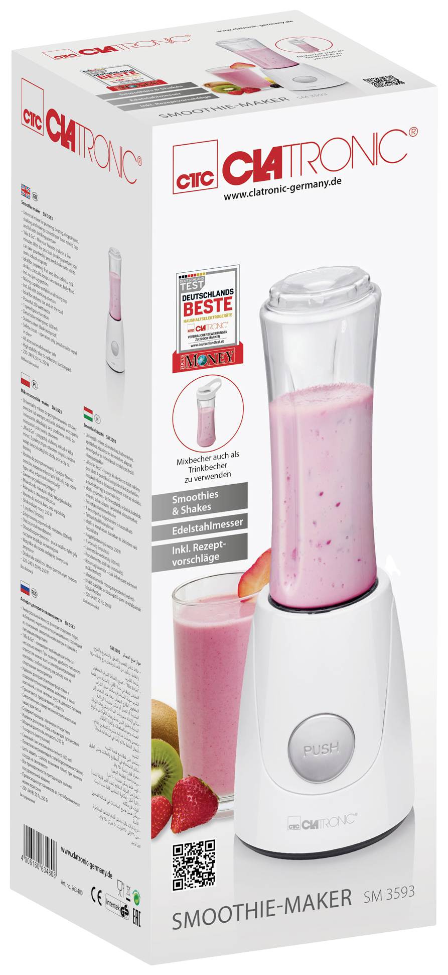 Eine Verpackung mit einem Smoothie-Maker von Clatronic, Modell SM 3593. Zeigt ein Gerät mit einem pinken Smoothie und Obstbildern.