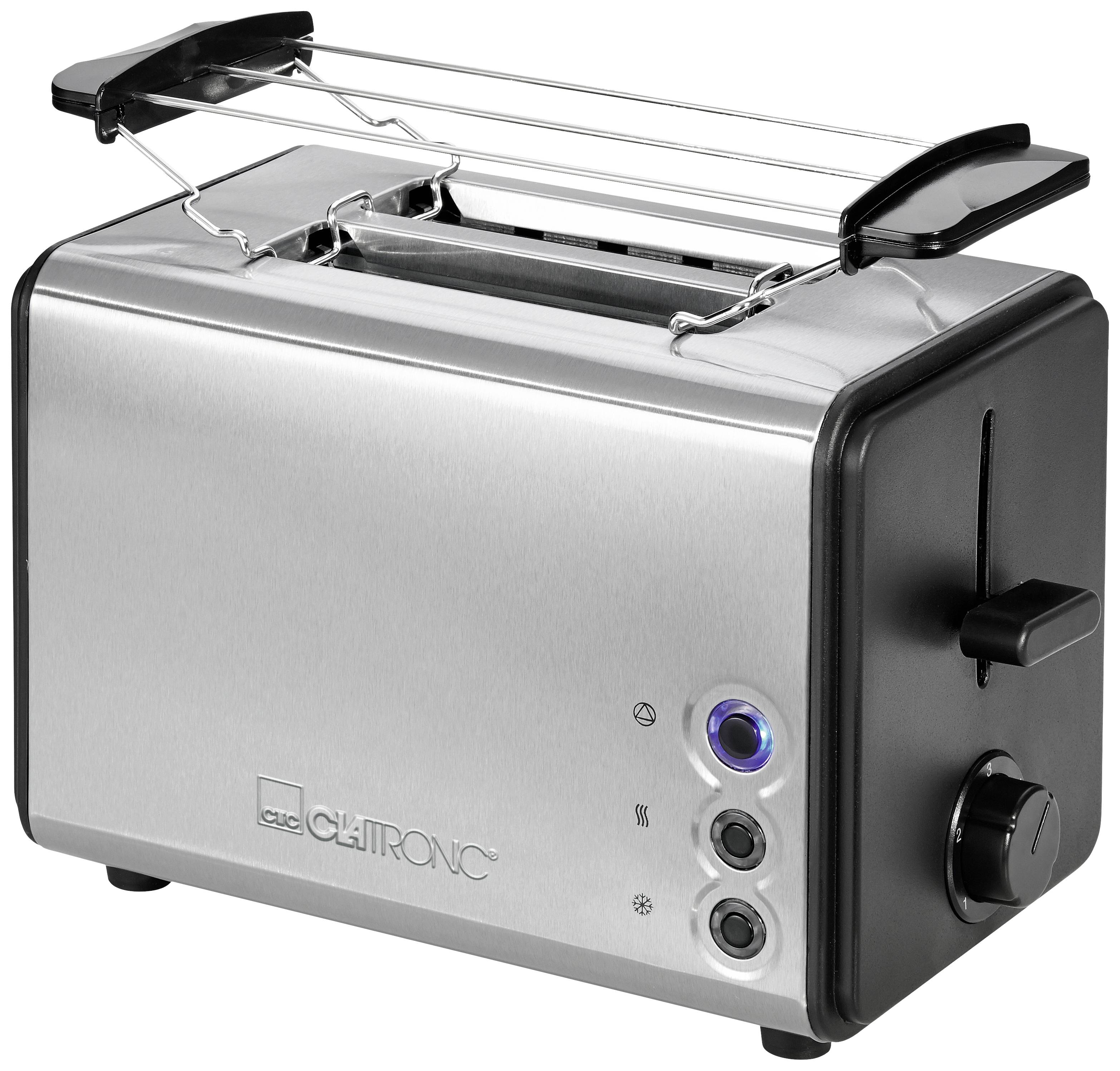 Ein silberner Toaster mit zwei Schlitzen und Brötchenaufsatz sowie seitlichen Reglern zur Einstellung von Bräunungsgrad und Funktion.
