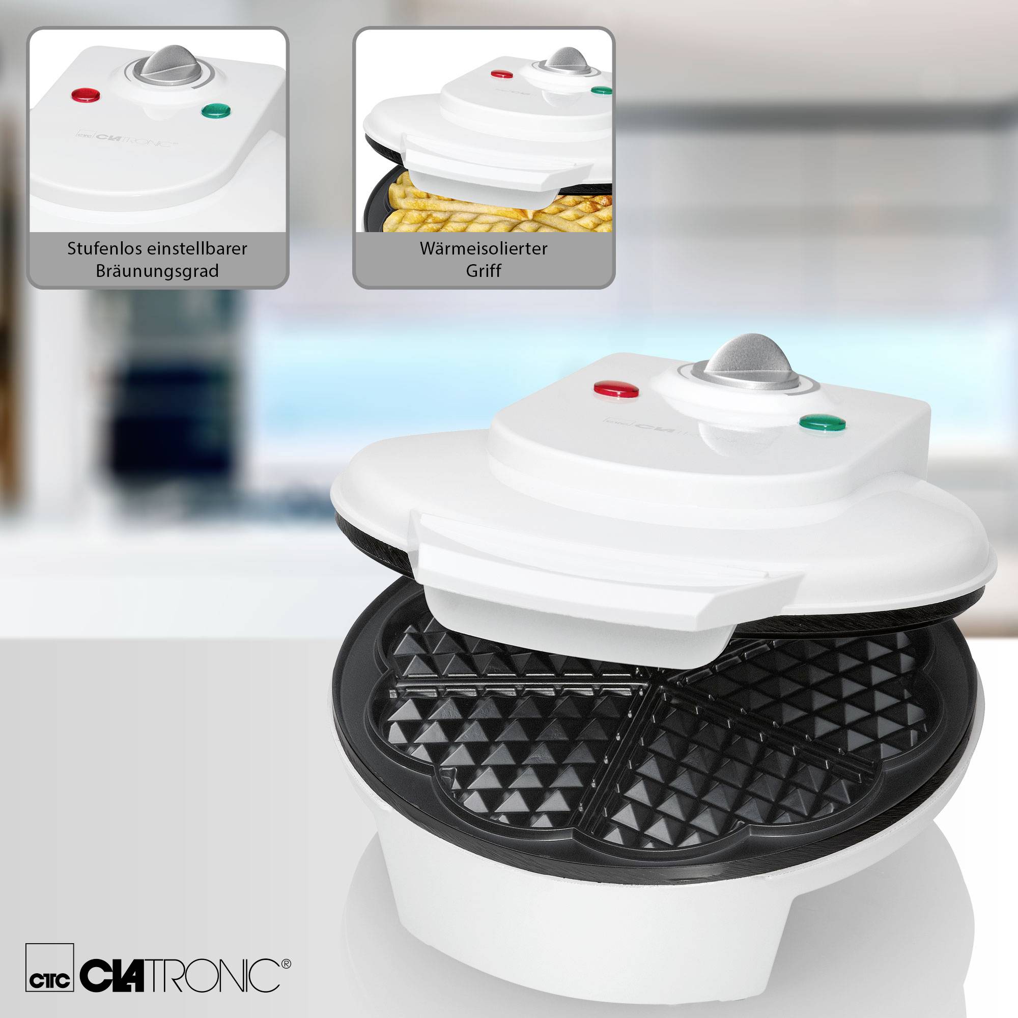 Waffeleisen mit stufenlos einstellbarem Bräunungsgrad und wärmeisoliertem Griff, geeignet für die Herstellung knuspriger Waffeln.