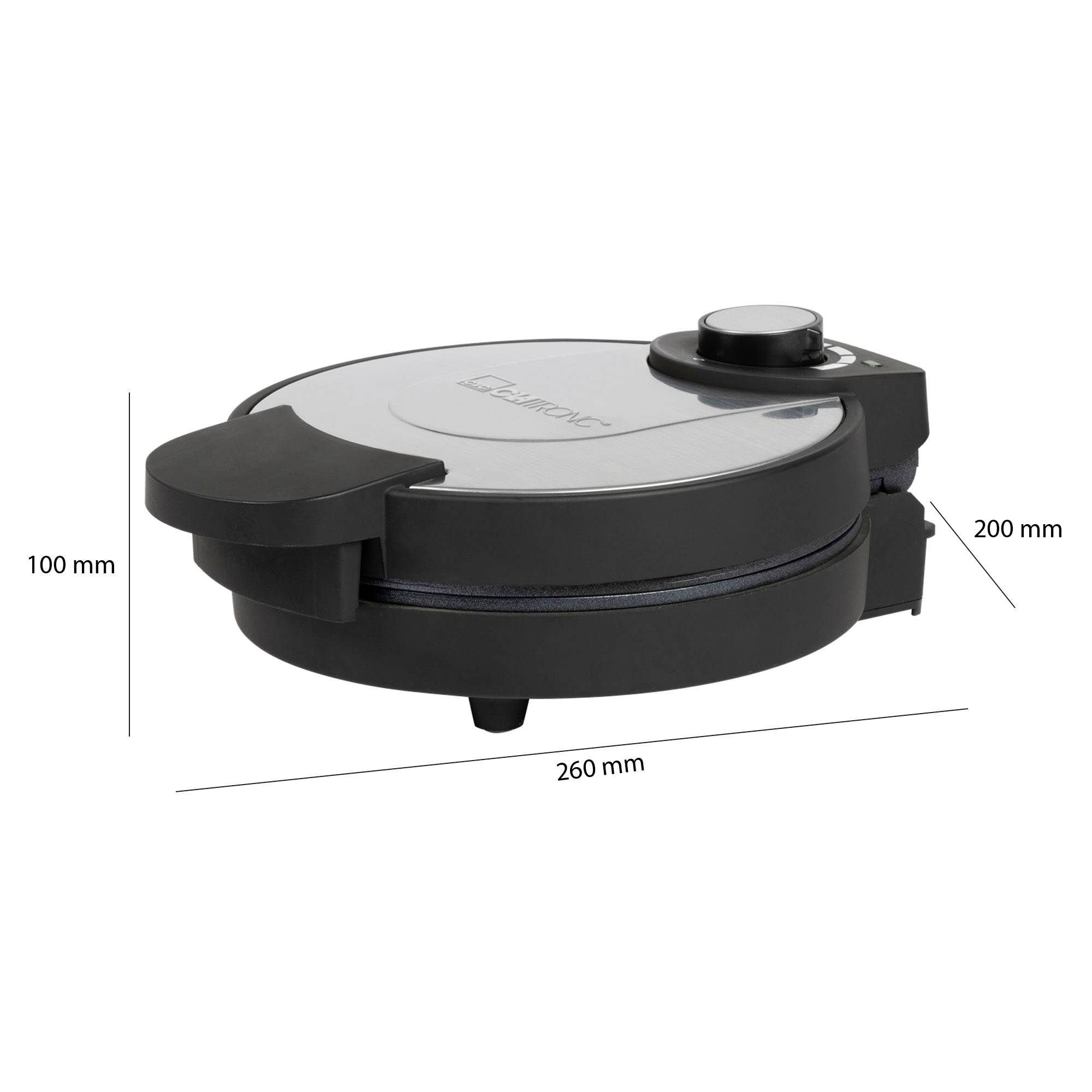 Schwarzer Elektrogrill mit silbernem Deckel, Durchmesser 260 mm, Höhe 100 mm, Länge 200 mm. Geeignet für drinnen und draußen.