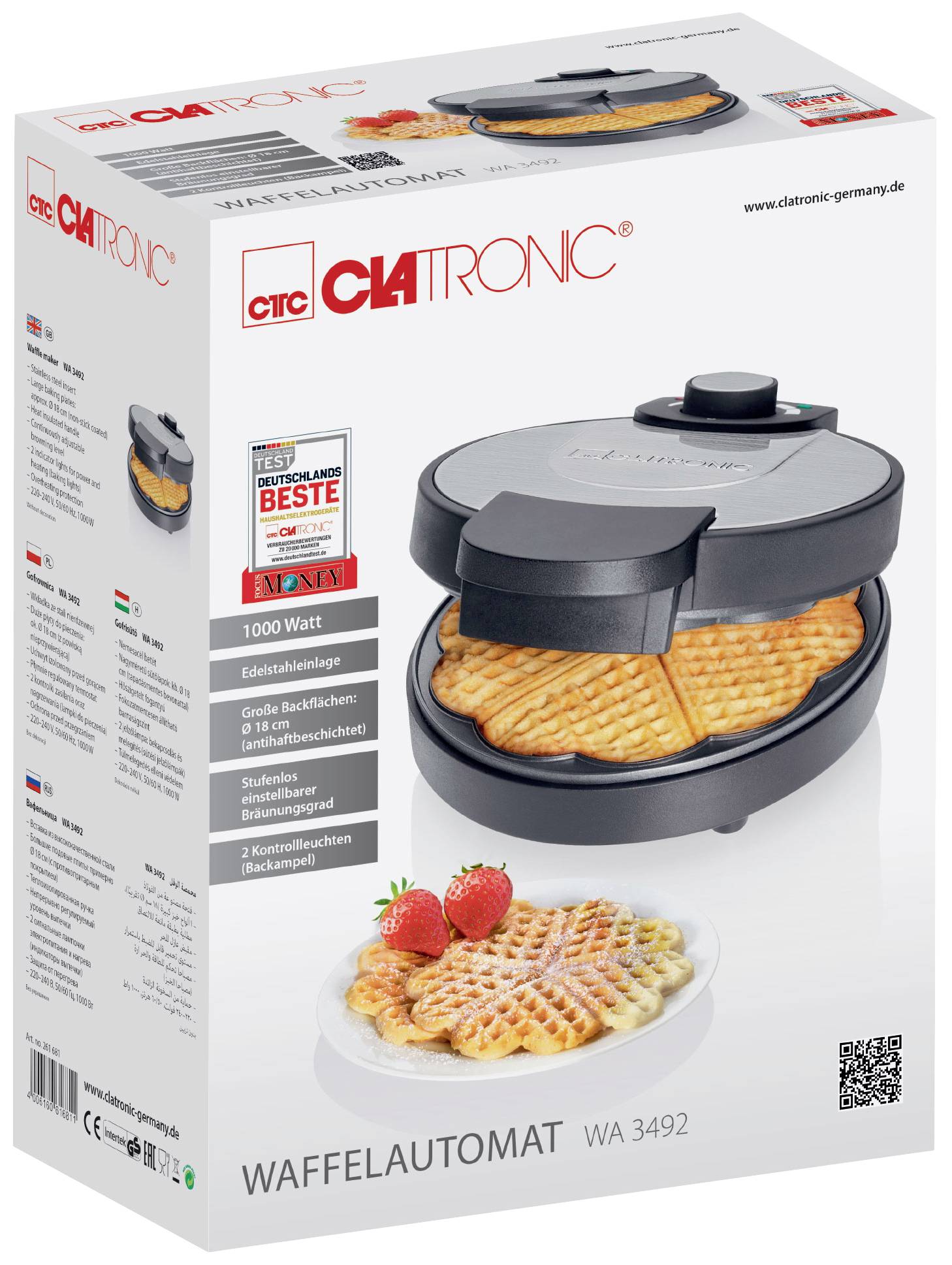 Clatronic Waffelautomat WA 3492 auf einer Verpackung, zeigt gebackene, herzförmige Waffeln mit Erdbeeren, 1000 Watt Leistung.