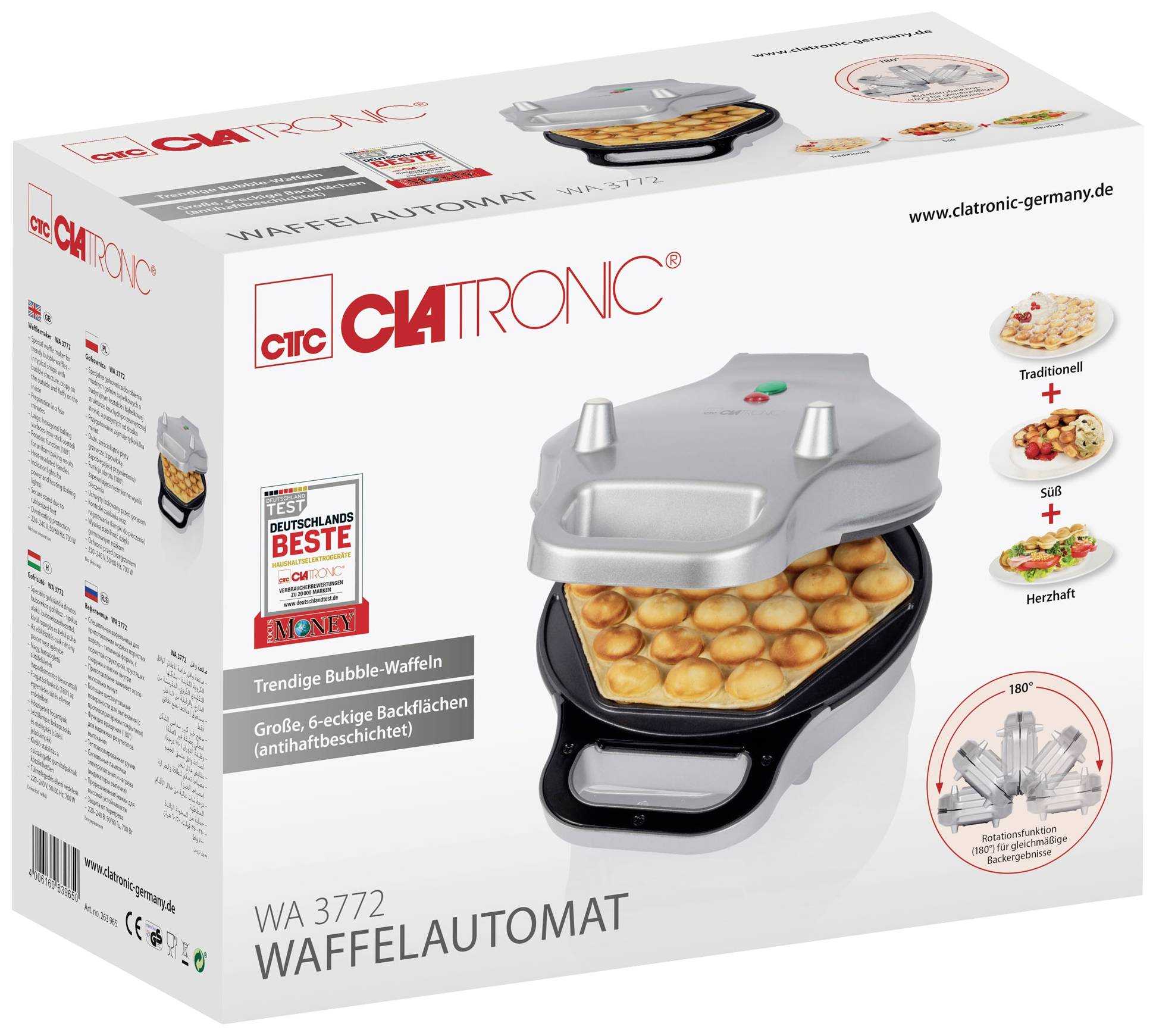 Verpackung eines Clatronic Waffelautomaten mit Abbildung des Geräts und Bubble-Waffeln. Verkaufsargumente und Testlogos sind sichtbar.