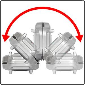 Gerät zeigt Kippbewegung mit Doppelpfeil; veranschaulicht Stabilität und Flexibilität.