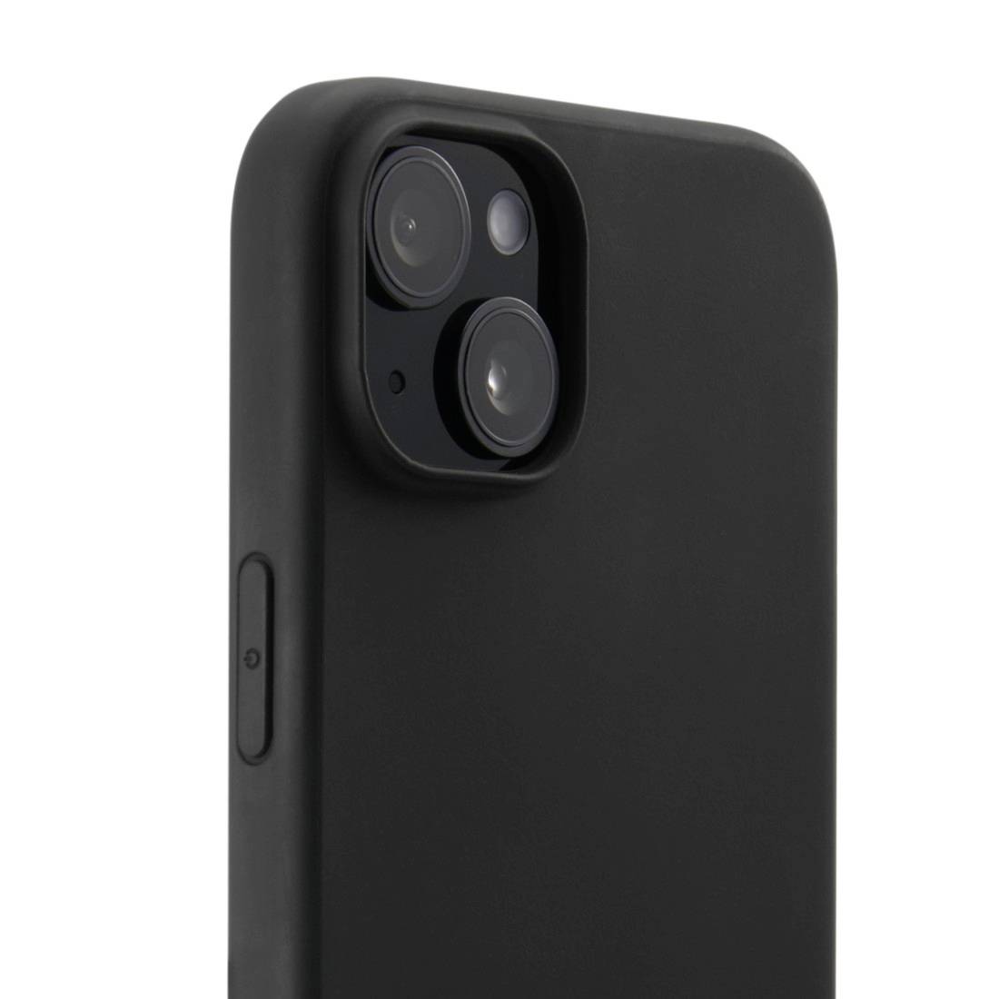 Ein schwarzes Smartphone mit einer Dual-Kamera auf der Rückseite, seitliche Ansicht.