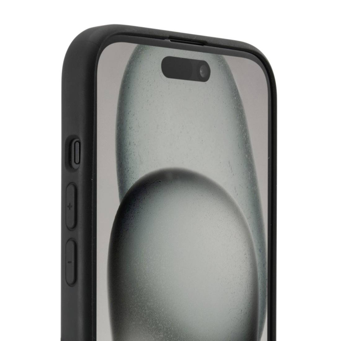 Ein modernes Smartphone mit schwarzem Gehäuse, seitlicher Lautstärkewippe und glattem Bildschirm, das Design im Vordergrund.