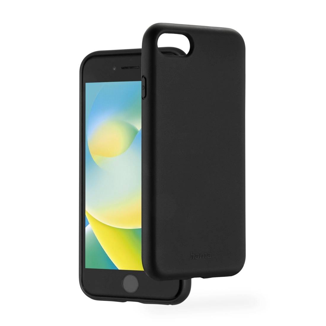 Ein schwarzes Smartphone liegt teilweise in einer passenden schwarzen Hülle, die das Gerät schützt und gleichzeitig das Display freilässt.