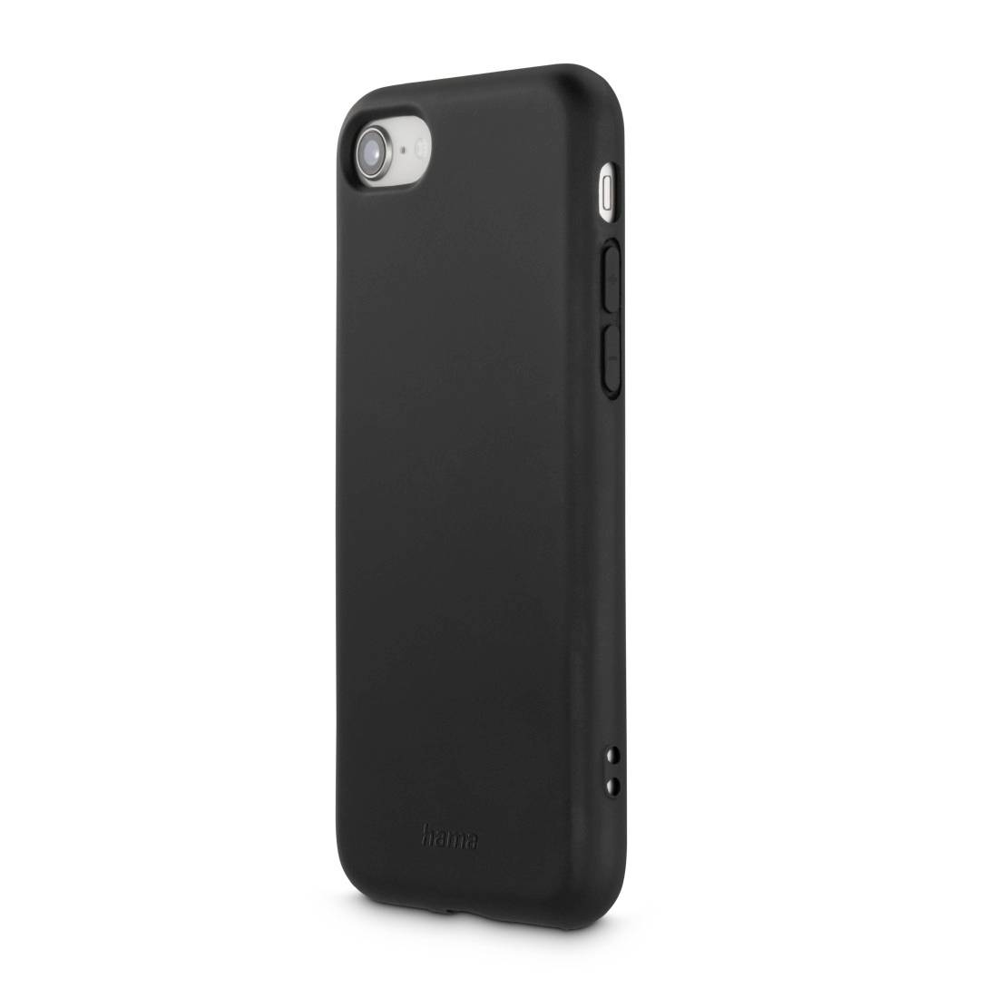 Ein schwarzes Smartphone in einer schützenden Hülle steht vertikal. Die Hülle hat Aussparungen für Kamera und Tasten.