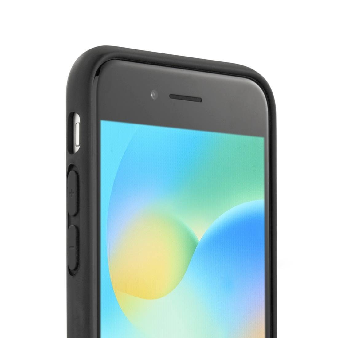 Smartphone von der Seite mit schwarzem Rahmen, Bildschirm zeigt einen abstrakten, bunten Hintergrund.