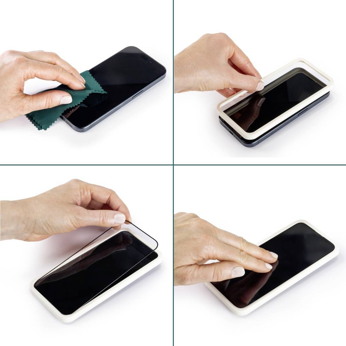 Eine Hand reinigt ein Smartphone mit einem Tuch. Danach werden Schutzfolien aufgetragen und die Luftblasen entfernt.