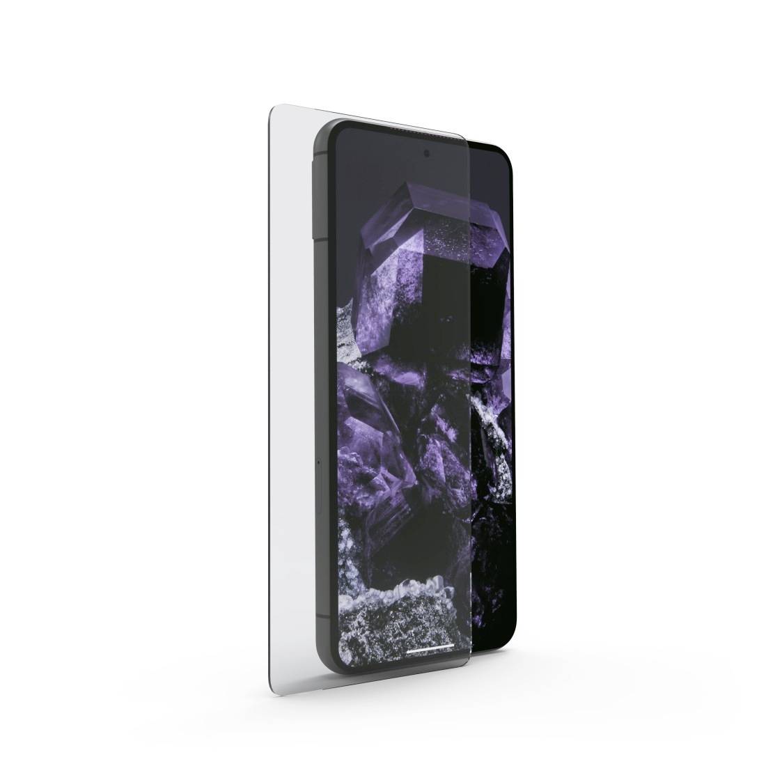 Smartphone mit einem schützenden, transparenten Gehäuse, das das Display umgibt. Auf dem Bildschirm ist ein Bild von violetten Kristallen zu sehen.