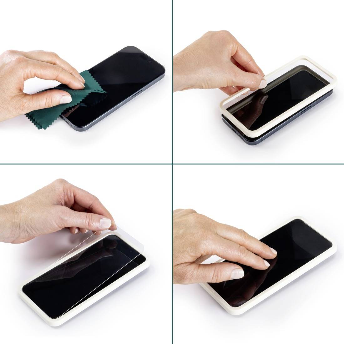 Eine Hand reinigt zuerst ein Smartphone mit einem Tuch, dann wird eine Displayschutzfolie vorsichtig auf das Gerät angebracht.