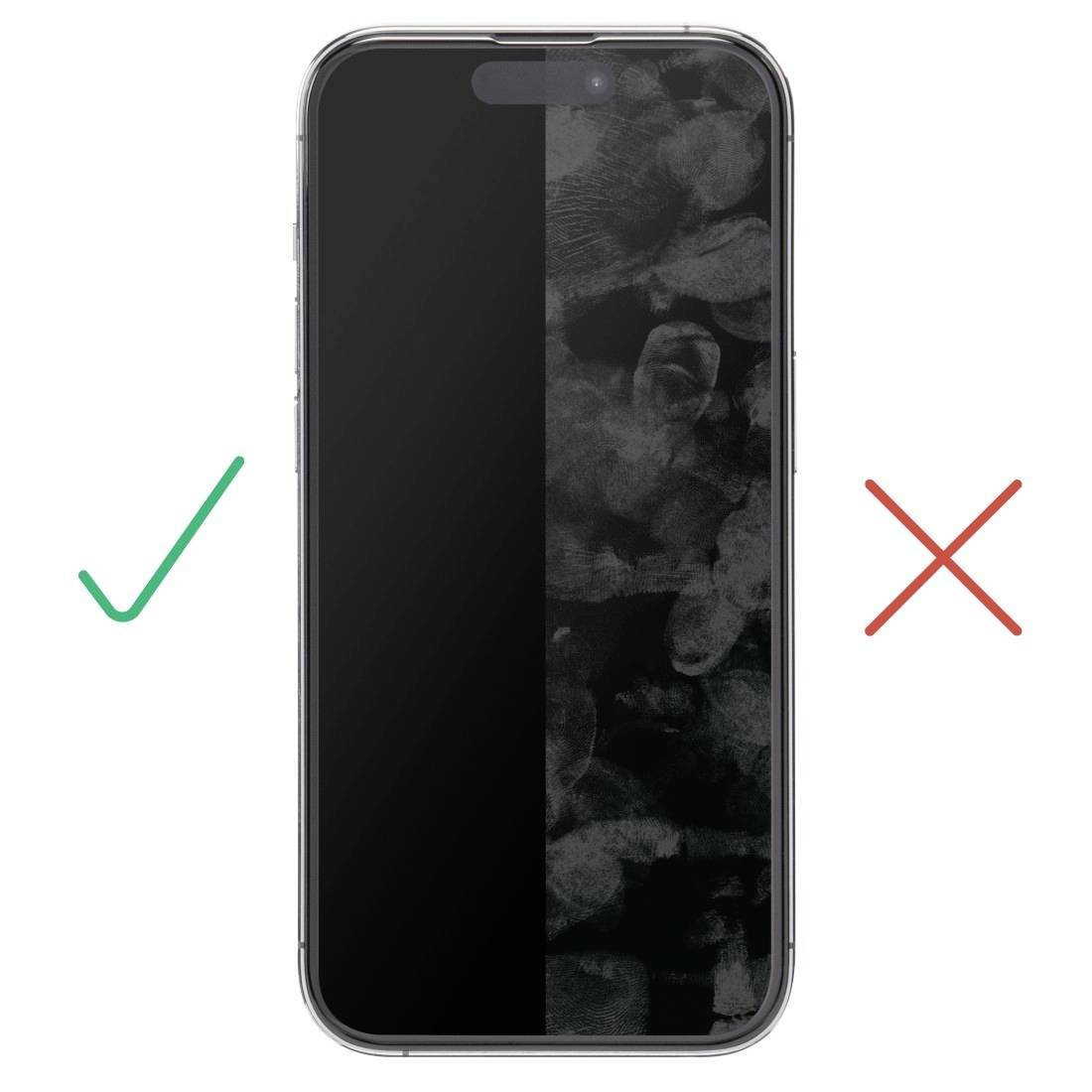 Ein Smartphone mit einem Fingerabdruck-freien Bildschirm auf der linken Seite und einem mit Fingerabdrücken verschmierten Bildschirm rechts. Ein grünes Häkchen markiert den sauberen Bildschirm, ein rotes Kreuz den verschmierten.