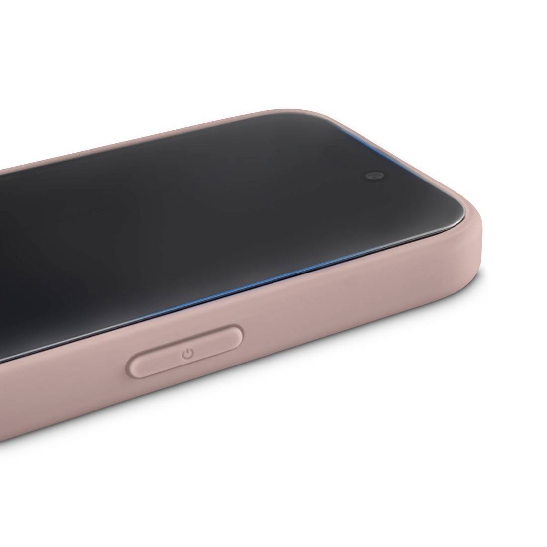 Ein modernes Smartphone in einer rosa Hülle liegt auf der Vorderseite. Ein Power-Button ist an der Seite sichtbar.