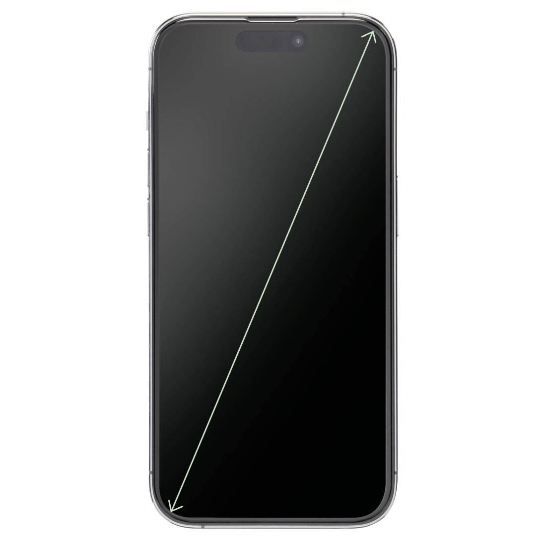 Ein Smartphone mit einem schwarzen Bildschirm und einer diagonalen Linie, die die Bildschirmgröße darstellt.