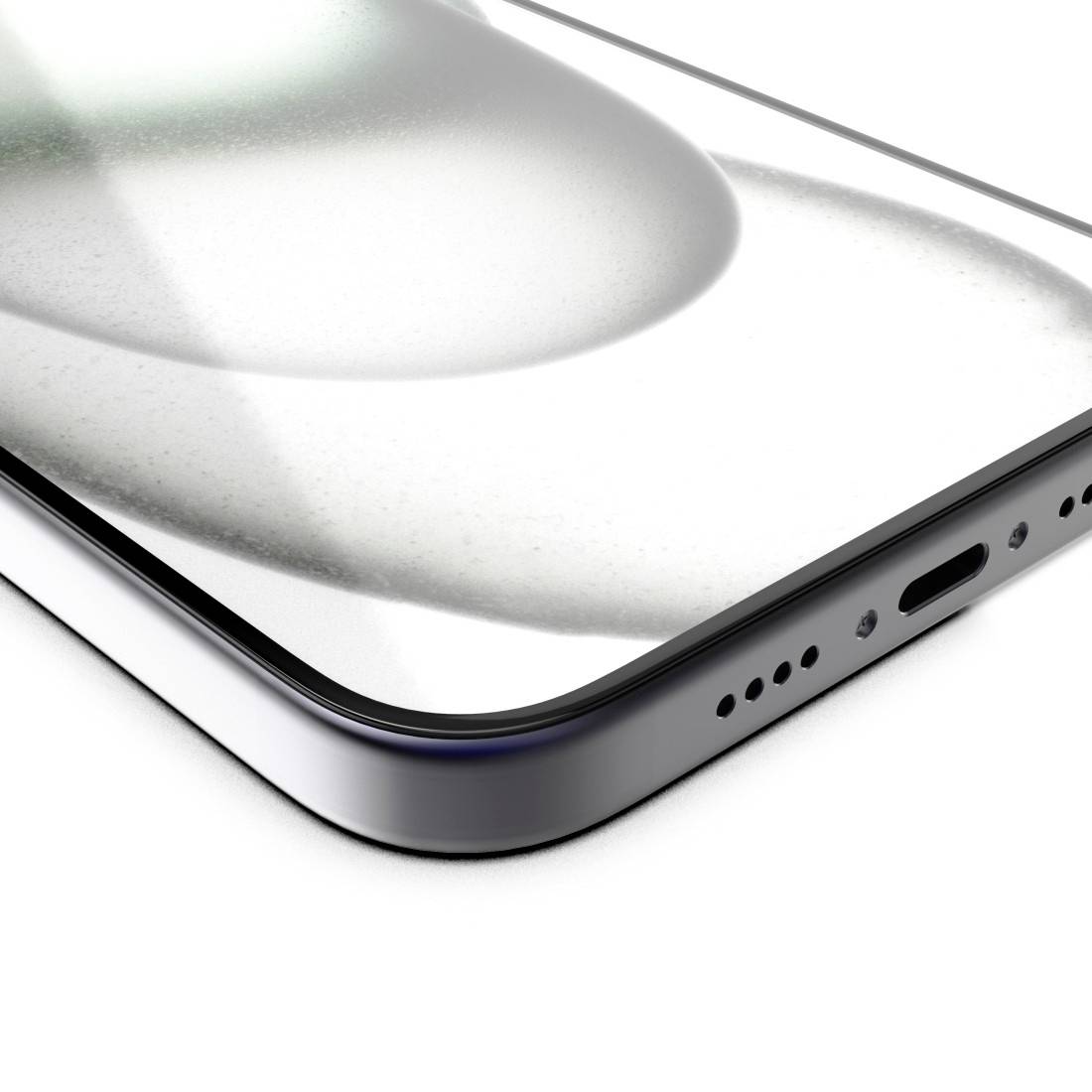 Nahaufnahme einer Ecke eines modernen Smartphones mit glänzendem Glasdisplay und Lautsprecheröffnung an der Seite.