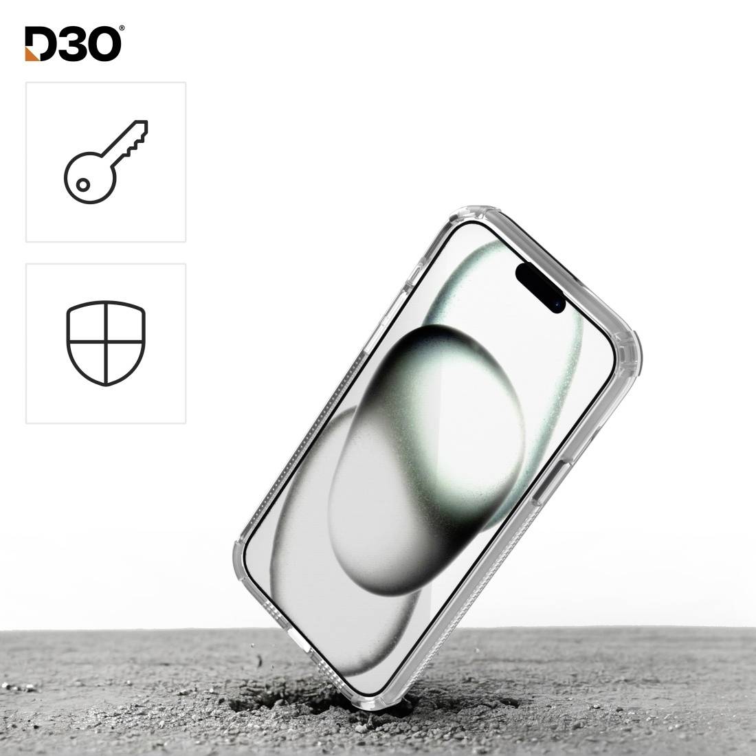 Ein Smartphone mit transparenter Schutzhülle schwebt über einer grauen Oberfläche. Links Symbole: Schlüssel und Schild für Sicherheit.