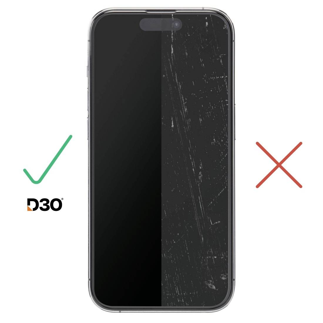 Ein Smartphone mit einem roten X auf der rechten zerkratzten Seite, einem grünen Häkchen auf der linken intakten Seite und 'D3O'-Logo darunter.