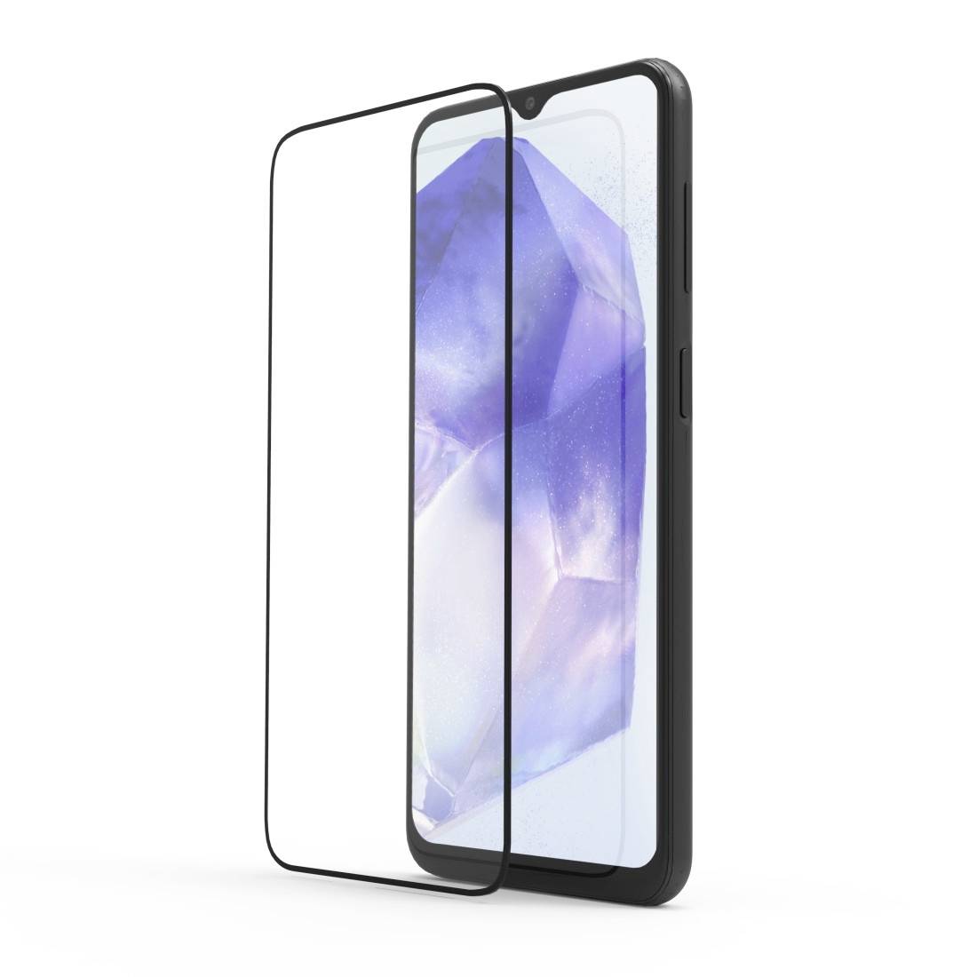 Smartphone mit schützendem Displayglas, das ein Kristallbild zeigt. Das Glas hebt sich leicht vom Bildschirm ab und bietet Schutz.