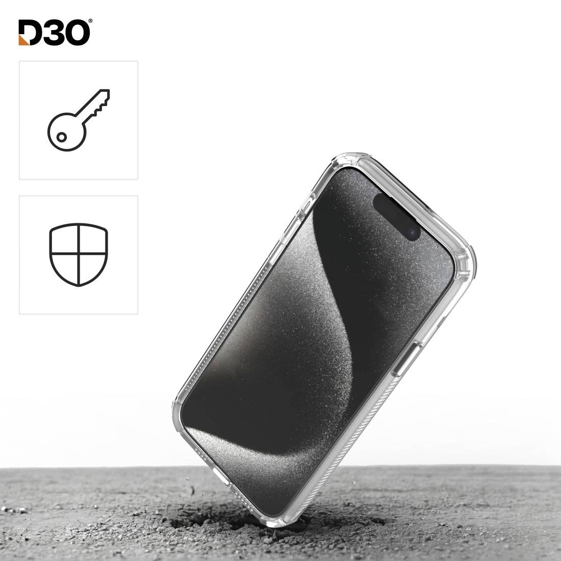 Ein Smartphone mit transparenter Hülle schwebt leicht geneigt, Symbolik daneben deutet auf Schutz und Sicherheit hin. Markenlogo 'D3O'.