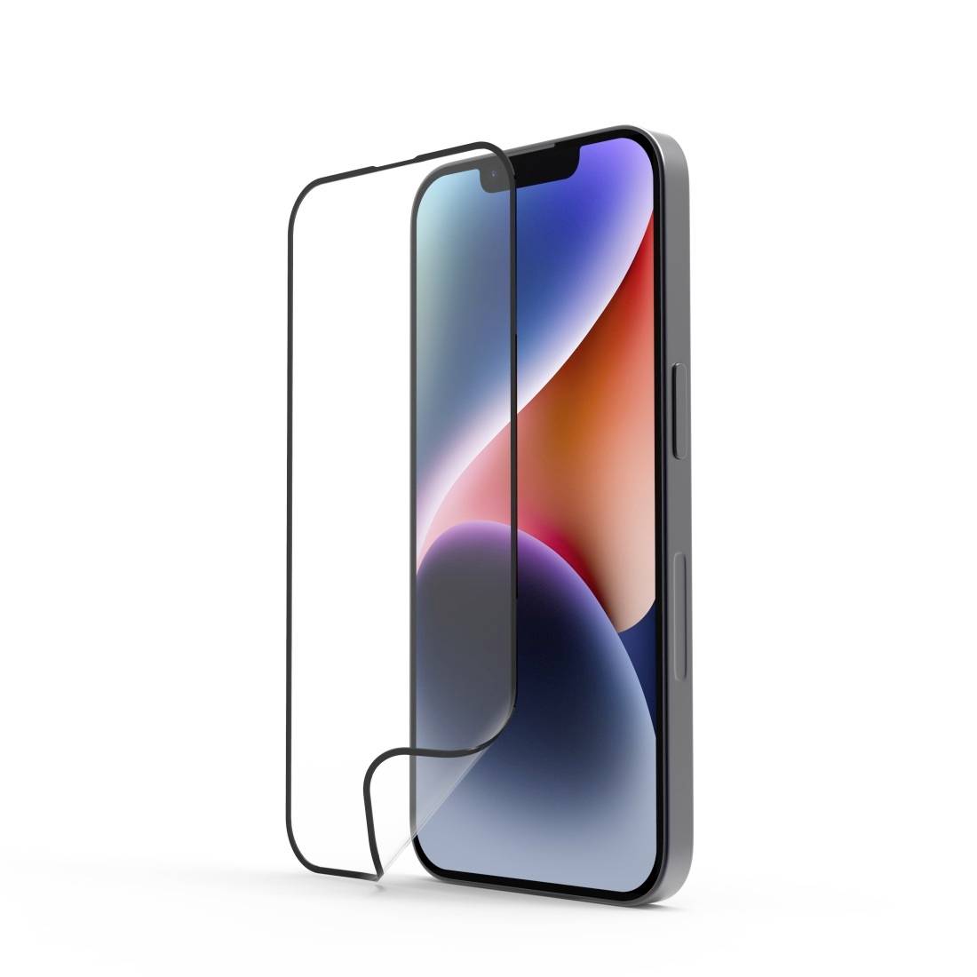 Ein Smartphone mit buntem Bildschirm und einem transparenten Displayschutz davor, aufrecht stehend, auf weißem Hintergrund.