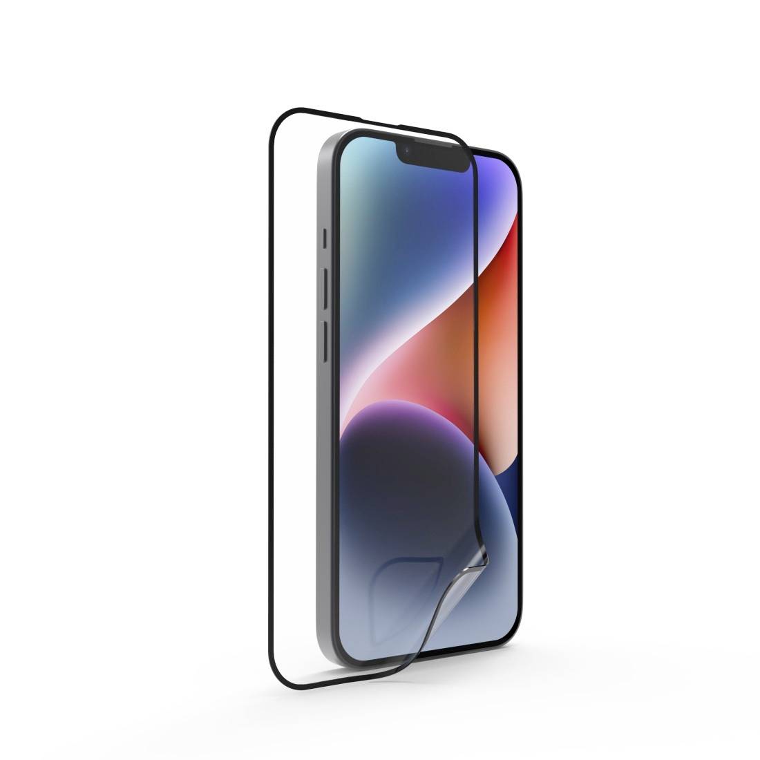 Smartphone mit bunter Bildschirmhintergrundgrafik, Frontansicht. Ein Displayschutz ist teilweise abgelöst und sichtbar.