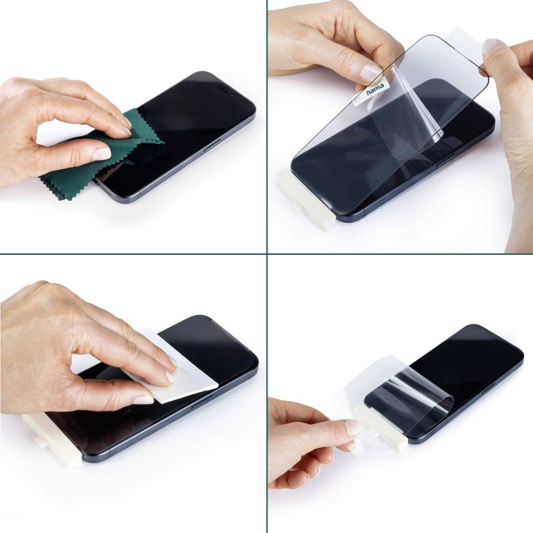 Schritt-für-Schritt-Anleitung zur Anbringung einer Handy-Schutzfolie: Reinigen des Bildschirms, Aufbringen und Entfernen der Trägerfolie.