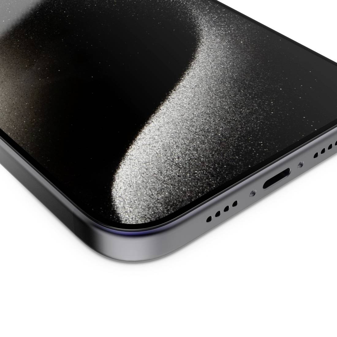 Nahaufnahme eines Smartphone-Ecks mit gebogenem Bildschirm, schwarzer Metallrahmen und Blick auf Lautsprecher und Ladeanschluss.