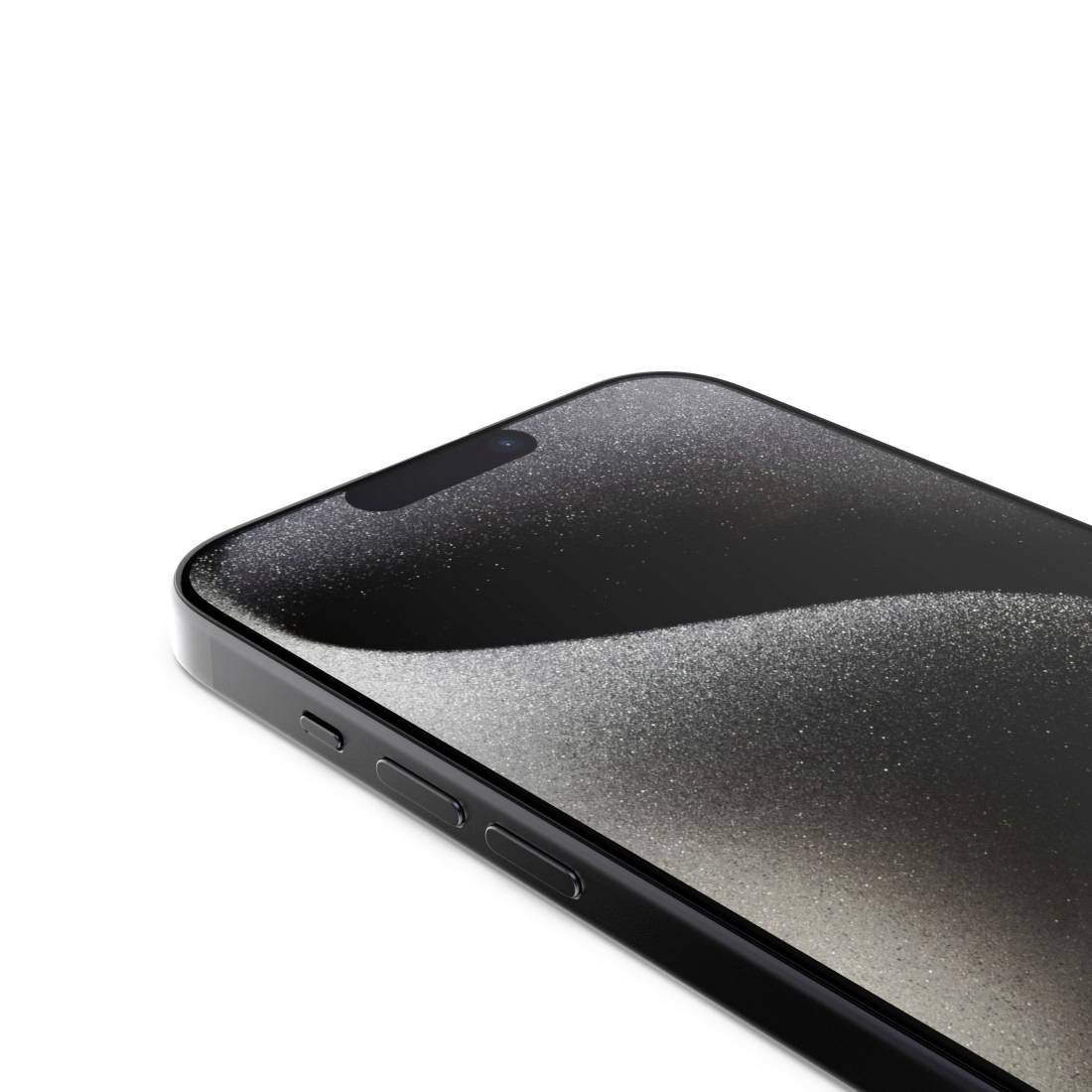 Ein modernes Smartphone mit glänzendem schwarzen Display und abgerundeten Ecken, aufgestellt vor einem weißen Hintergrund.