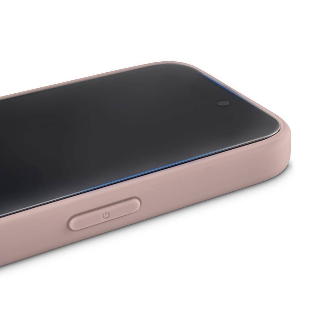 Ein rosa Smartphone mit schwarzem Bildschirm, seitlicher Ein/Aus-Taste.