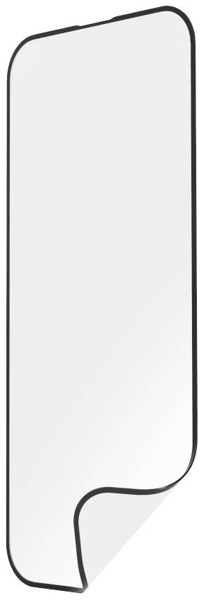 Ein klarer Displayschutz, der die Form eines Smartphones hat, mit abgerundeten Ecken und einer gefalteten unteren Ecke.