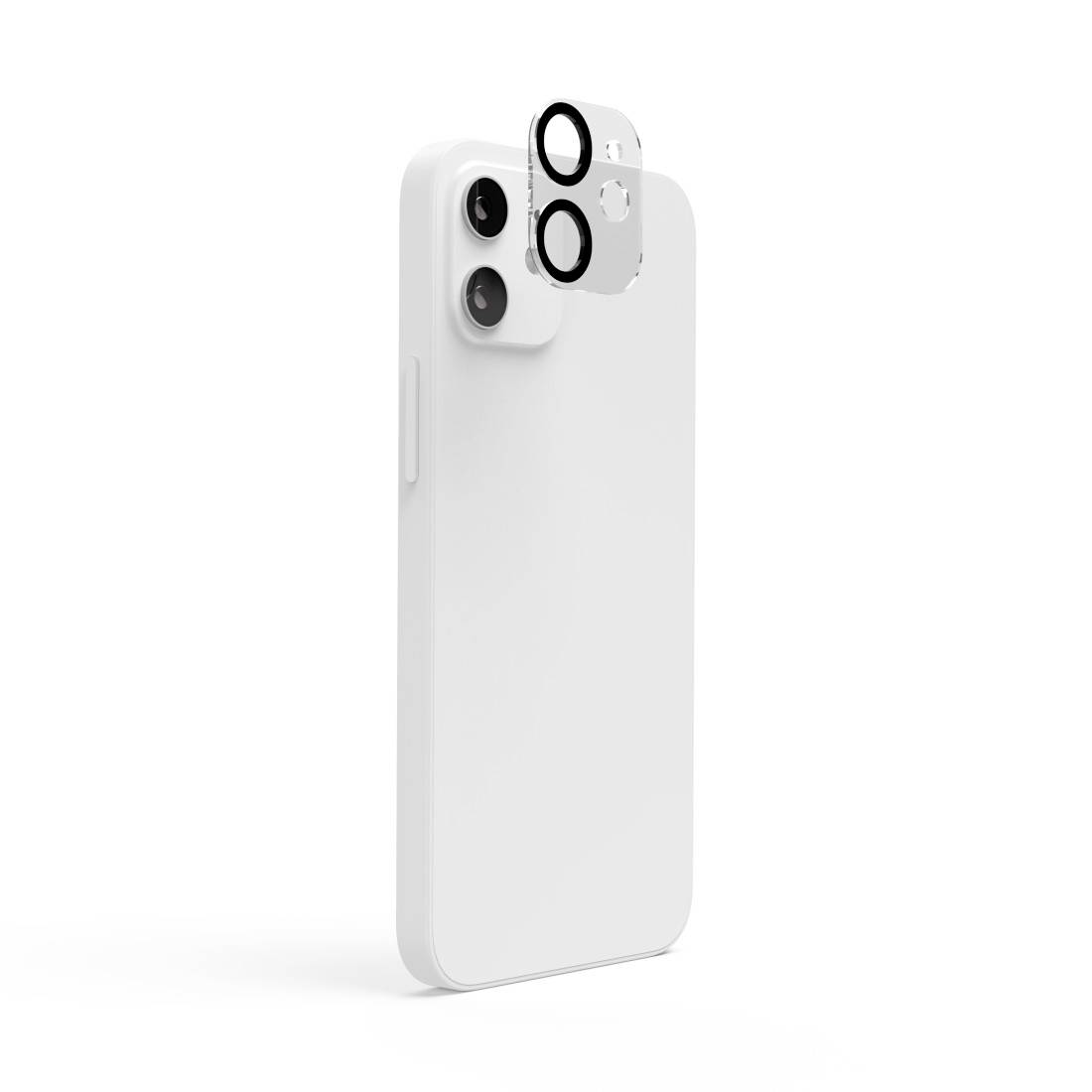 Ein weißes Smartphone mit drei abnehmbaren Kameraobjektiven an der Rückseite.