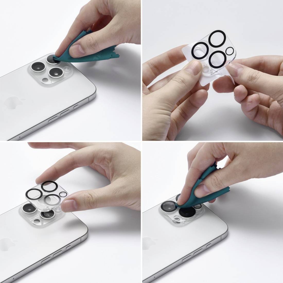 Ein Handy mit Kamera wird mit einem blauen Werkzeug gereinigt und ein Objektivschutz angebracht. Schritte zeigen die korrekte Anwendung.