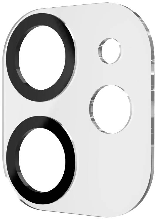 Eine transparente Smartphone-Kameralinse mit drei unterschiedlich großen runden Öffnungen zur Abdeckung von Linsen und Blitz.