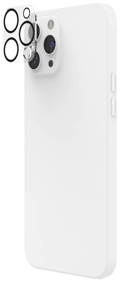 Handy mit weißer Rückseite und hervorstehendem Kameramodul in der linken oberen Ecke. Eine schwarze Linsenkappe schwebt darüber.