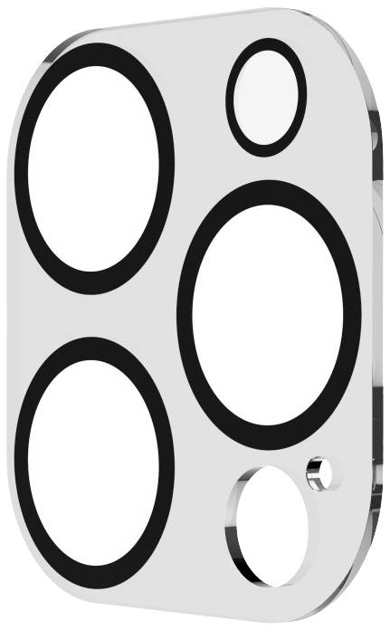 Fünf unterschiedlich große, schwarze Ringe auf einem silbernen, rechteckigen Hintergrund.