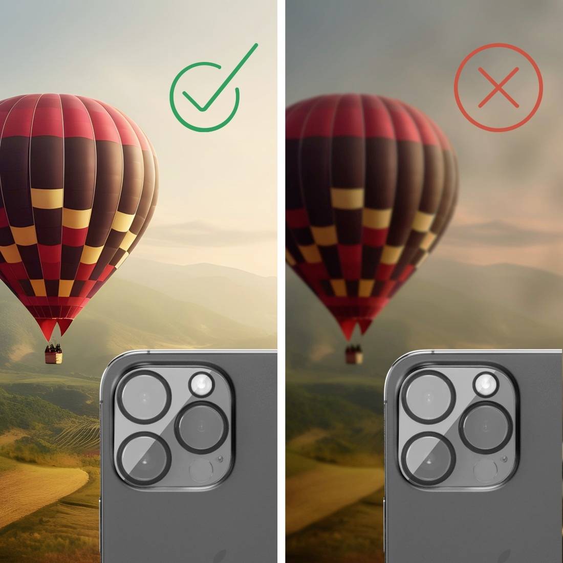 Links ein scharfes, rechts ein unscharfes Foto eines Heißluftballons über Landschaft. Eine Kamera unten zeigt Fokusdifferenz.