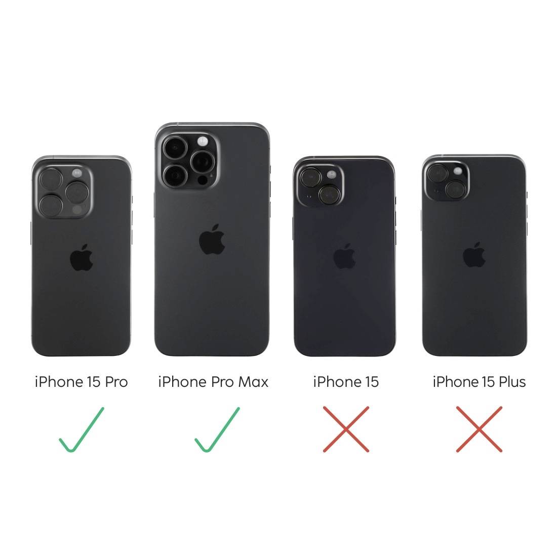 Vier iPhones nebeneinander: iPhone 15 Pro und iPhone 15 Pro Max mit grünem Häkchen, iPhone 15 und iPhone 15 Plus mit rotem Kreuz.