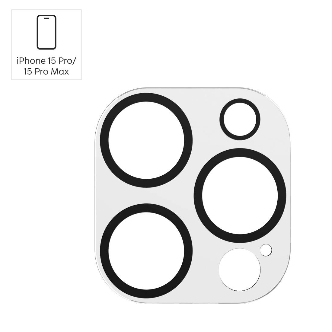 Rückseite eines Smartphones mit drei großen und zwei kleinen Kameraöffnungen. Oben links Beschriftung 'iPhone 15 Pro/15 Pro Max'.