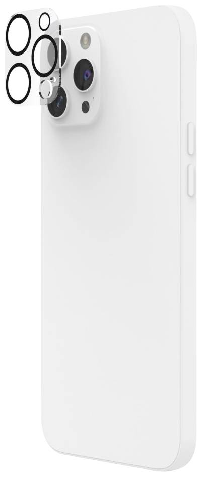 Ein weißes Smartphone mit Kameramodul und mehreren Kameraobjektiven auf der Rückseite. Das Bild zeigt eine Schutzabdeckung für die Objektive.