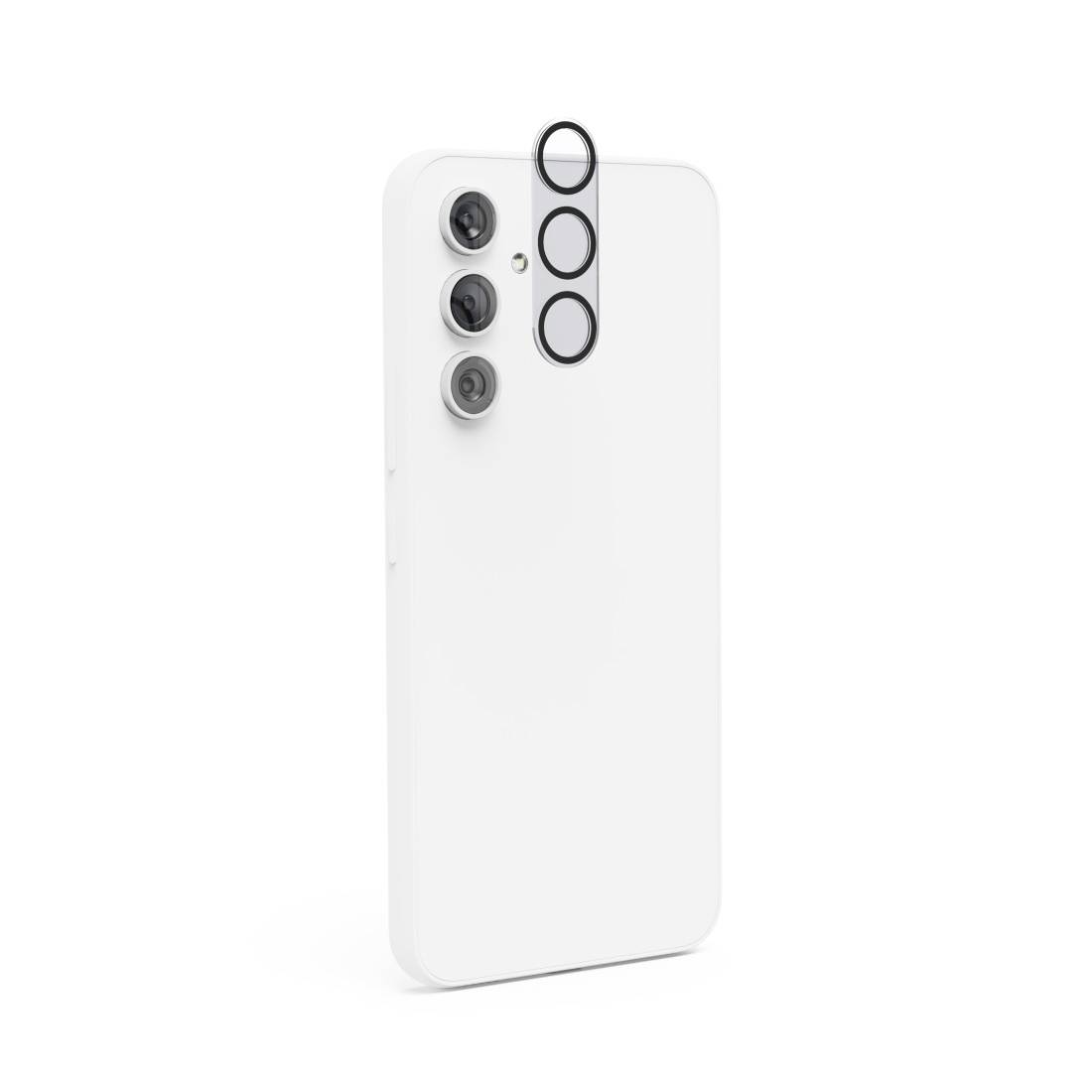 Ein elegantes Smartphone in Weiß mit drei Kameralinsen und einem schlanken Design.