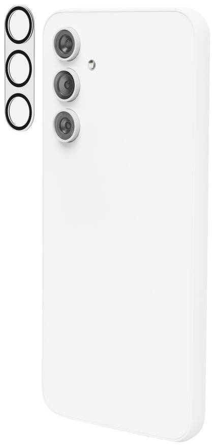 Ein weißes Smartphone mit drei Rückkameras und einem LED-Blitz. Die Kameras sind vertikal angeordnet. Links ein Objektivschutz.