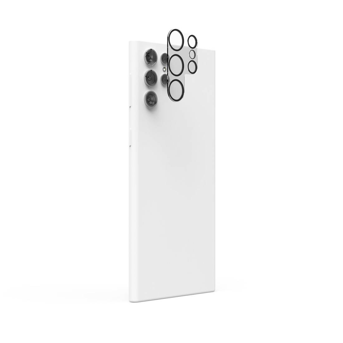 Modernes Smartphone mit mehreren Kameralinsen auf der Rückseite, gezeigt in einer minimalistischen seitlichen Ansicht.