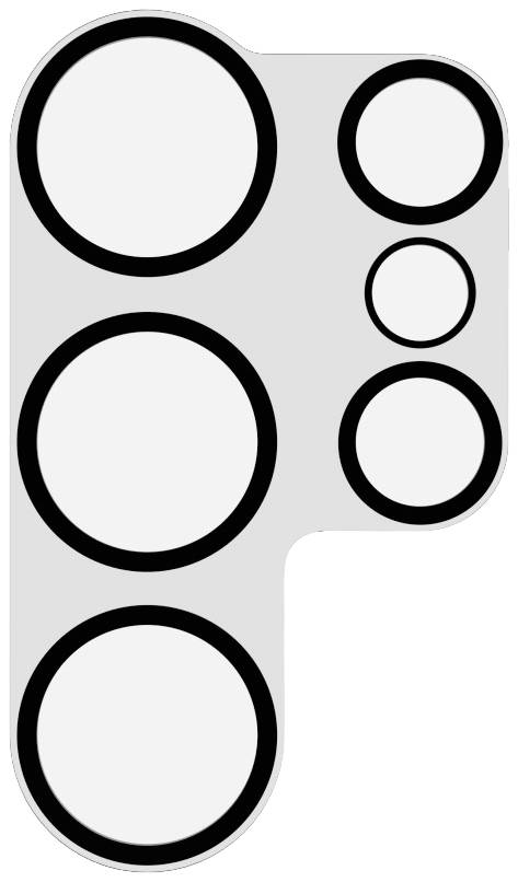 Geometrisches Muster mit sieben schwarzen Kreisen unterschiedlicher Größe auf grauem Hintergrund.