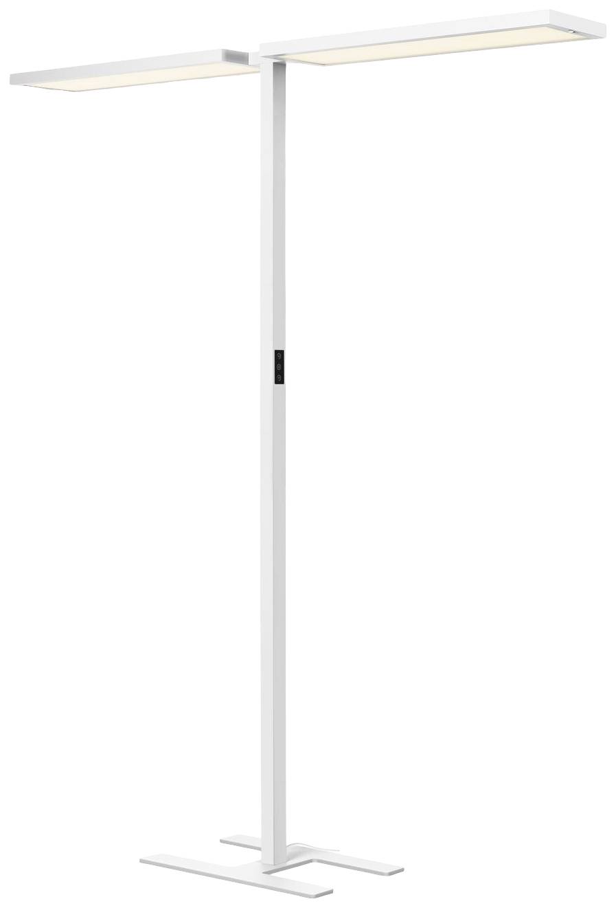 Weiße, moderne Stehlampe mit zwei leuchtenden Paneelen, die in entgegengesetzte Richtungen ausgerichtet sind. Minimalistisches Design.
