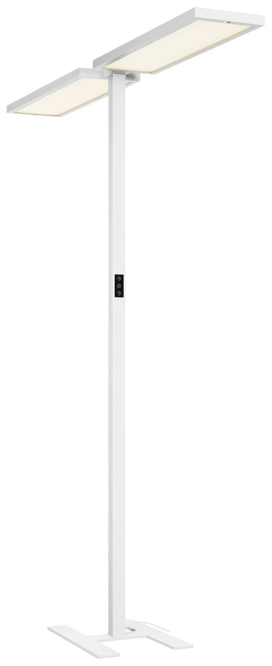 Weiße Stehlampe mit zwei rechteckigen Leuchtelementen, die in entgegengesetzte Richtungen zeigen, auf einem stabilen Metallständer.